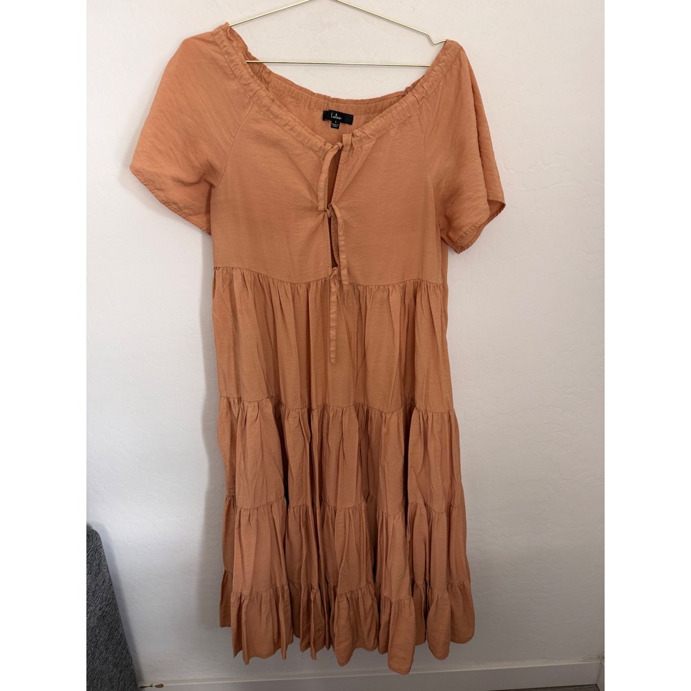Lulus Terracotta Orange Swiss Dot Tiered Midi Dress Tie Front Pockets Small